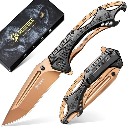 NedFoss CHEETAH Folding Pocket Knife, Premium Gold D2 Steel Blade Survival Knife, Unique Aluminum Handle with Skeletonized Frame, Pocket Clip, Cool Pocket Knives for Men Gift