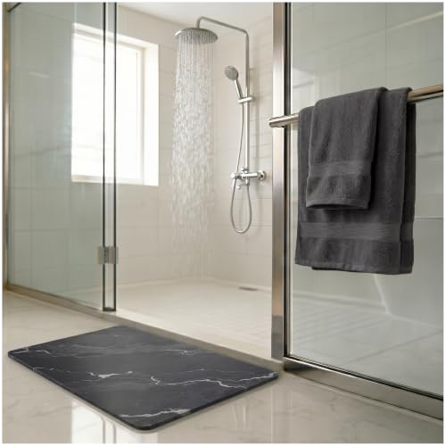 ActivoTex Tappeto Bagno Diatomite Ad Asciugatura Rapida – Tappeto Diatomite Bagno in Pietra Naturale Ultra Assorbente – Tappeto Doccia Pietra Antiscivolo per Doccia, Vasca e Bagno (Black Marble)