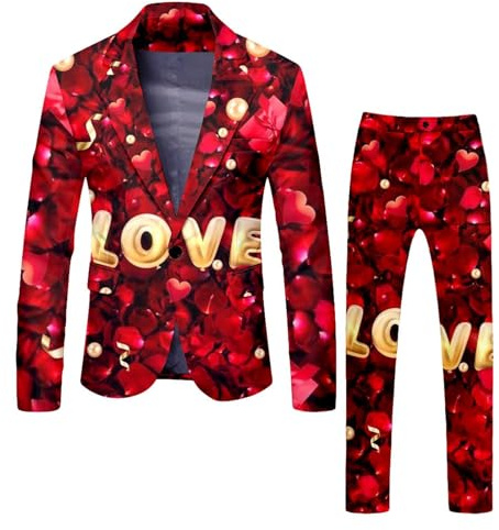 YOSUWOAI Tuta da uomo con motivo a cuore, a maniche lunghe, blazer + pantaloni, 2 pezzi, formali, slim fit, smoking, giacca e pantaloni per San Valentino, elegante abito da sposa, P rosso., L