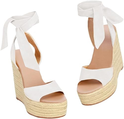 Coutgo Espadrilles Femme à Bout Ouvert, Talon Compensé, Sandales d'Été à Lacets,Blanc,85