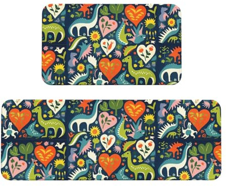 Heart Dinosaur Print Kitchen Rugs Set of 2, Cushioned Anti-Fatigue Kitchen Mats for Floor, Waterproof Comfort Standing Mat Absorbent Velvet Kitchen Runner Rugs 17x30+17x47