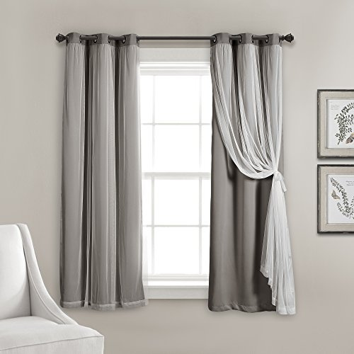 Lush Decor Sheer Grommet Curtains With Insulated Blackout Lining, Window Curtain Panels, Pair, 38 W x 63 L, Dark Gray - Curtain With Sheer Overlay, Elegant Blackout Curtains for Bedroom
