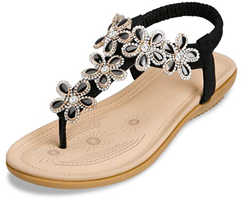 ZOEREA Womens Flat Sandals Summer Rhinestones Flower Beach Flip Flops Ladies Thongs Elastic T-Strap Bohemian Shoes Fit Casual Vacation