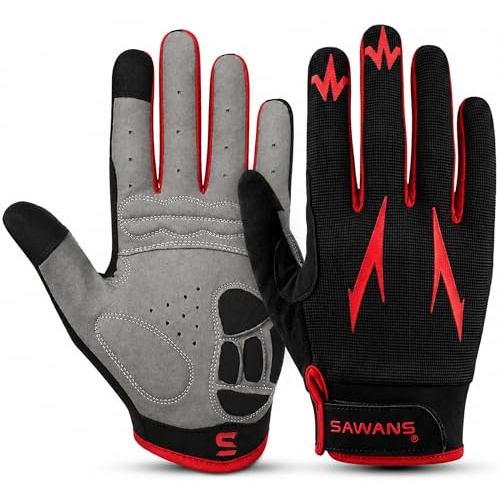 Cycling Gloves Full Finger Mountain Bike Gloves Padded Breathable Touchscreen MTB Road Biking Gloves for Men Women Camping,Cycling,Running (Red, S)