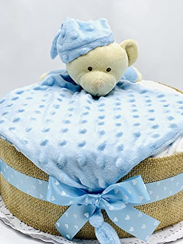 Tarta de pañales con DouDou para bebé - Regalo original para recién nacido - Incluye tarjeta DEDICATORIA - Regalo mamás primerizas (Azul)