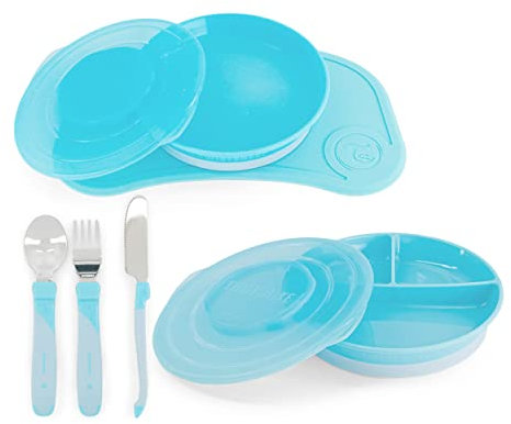 Twistshake Babygeschirr-Set - 6 Teilig | 1x Baby-Silikon-Tischset - 1x Kinderteller - 1x geteilter Teller - 3x Lernbesteck aus Edelstahl | Geschirr für die Entwöhnung | 6 Monate+ | Blau