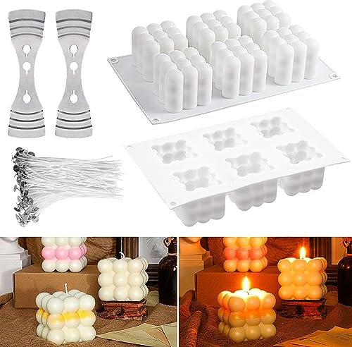 MARUKO Kerzengießform, Bubble Kerzenform, 6 HohlräUme Bubble Kerzenform, Kerzen Silikonform mit 100pcs Kerze Dochte und 2pcs Edelstahl Dochte Halter, DIY-Craft-Kerzen-Dekorationswerkzeuge