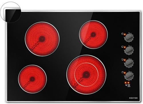Noxton 30 Inch 4 Burners Electric Cooktop, Built-in 30 Radiant Electric Ceramic Stove Top with Glass Protection Metal Frame,Knob Control, Hot Surface Indicator, 220-240v, No Plug, Hard Wire