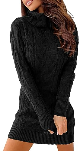 Langwyqu Womens Cable Knit Sweater Dress Sexy Long Sleeve Bodycon Turtleneck Mini Fall Sweaters Dresses Black
