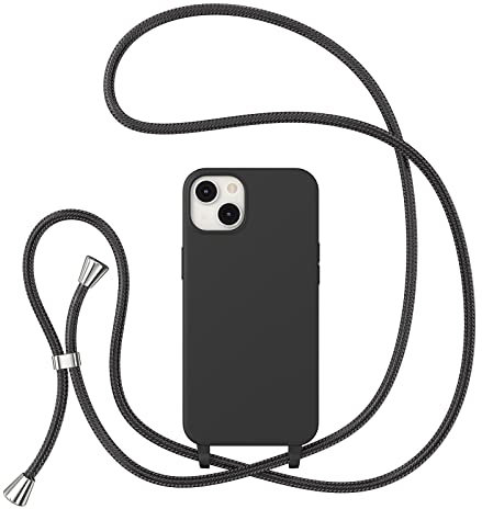 ZTOFERA Handykette Hülle Kompatibel mit iPhone 15 (6.1), Liquid Silikon Handyhülle mit Umhängeband, Schutzhülle mit Band Kordel zum Umhängen Necklace Hülle, Schwarz