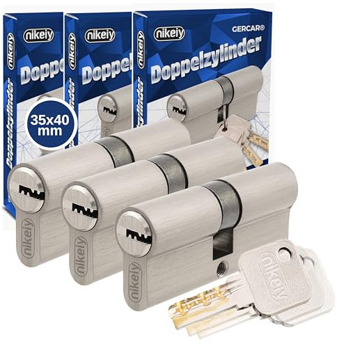 GERCAR Pro Juego de 3 cilindros de cerradura perfilados, 35/40, de cierre simultáneo, macizos, cilindro doble, latón mate, incluye 10 llaves reversibles, longitud: 75 mm, A: 35 B: 40-3x