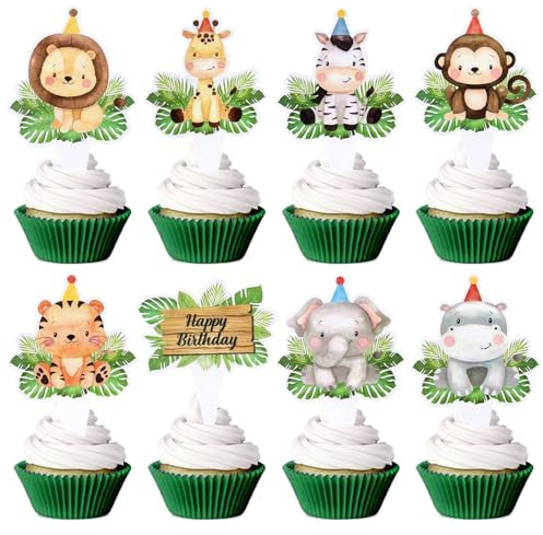 Blumomon 32Pcs Jungle Safari Animal Cupcake Toppers Happy Birthday Cake Decor for Kids Wild Jungle Animal Theme Party Supplies Celebrating Party Events Baby Shower Party Supplies