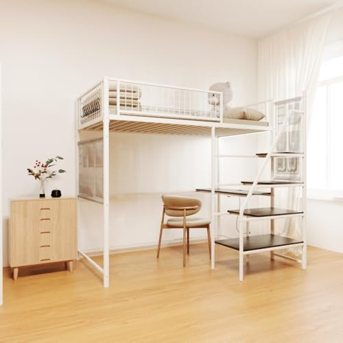 Zyerch Twin Size Metal Loft Bed with Desk, Heavy Duty Loft Bed Frame with Storage Stairs, 1 Fabric Drawers and Built-in Charging Station and LED Lighting for Bedroom and Dormitory-White
