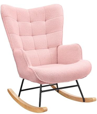 Mutuolux Fauteuil à Bascule Fauteuil Allaitement Rocking Chair Moderne en Tissu Effet Laine Teddy avec Pieds en Bois Massif d'hévéa, Chaise à Bascule pour Chambre, Salon - 53 x 75 x 93 cm, Rose