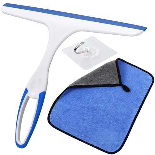 Xemnys Escobilla multiusos para puertas de ducha de baño, ventana, vidrio, coche, limpiador de ducha, limpiador de ducha incluido gancho de succión y toalla, 10 pulgadas