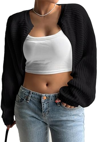 Plus Size Womens Bolero Shrug Sweaters Long Sleeve Open Front Rib Knit Cropped Cardigan Sweater Black