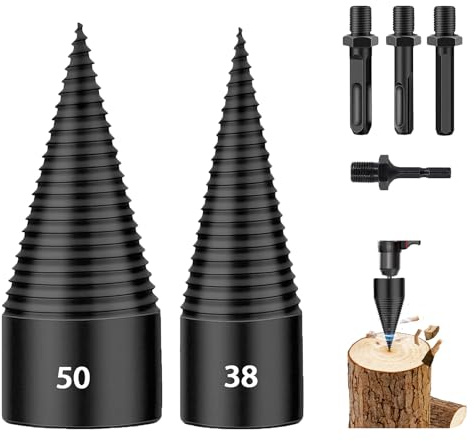 6 PCS 38mm+50mm Log Splitters Drill Bits, Firewood Log Splitter, Wood Log Splitter +4 Handles (Square + Round + Hex Shank + Small Hex), Easy Splitter Detachable Heavy Duty Electric Drill Bit