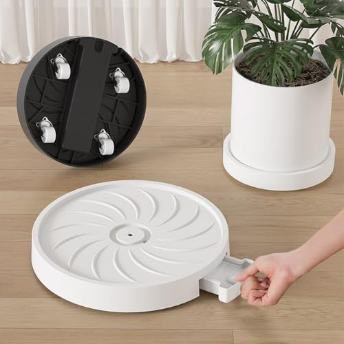 Besttoolifes Vaso da fiori con ruote, vassoio rotondo per piante da 38 cm, con ruote girevoli e conservazione dell'acqua, sottobicchiere per piante da interno per un facile movimento (bianco 35 cm)