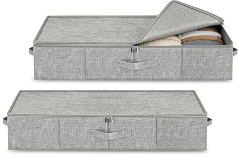 2 cajas de almacenamiento para debajo de la cama de 12 cm de altura, plegables, con tapa con 3 asas, doble cremallera, para mantas, ropa, edredones, juguetes, ahorro de espacio