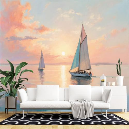 Murales de pared de tamaño personalizado, dos veleros deslizándose en aguas tranquilas al atardecer con arte de cielo pastel suave, tela de pared autoadhesiva (sin PVC), papel tapiz grande extraíble