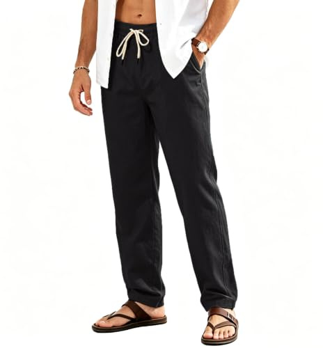 FizzPop Mens Linen Trousers Lightweight Summer Casual Pants Loose Fit Elasticated Waist Holiday Beach Daily Wear
