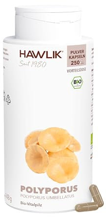 HAWLIK Vitalpilze Polyporus Pulver Kapseln - 250 Kapseln - 500 mg Vitalpilz Pulver - Natürlicher Anbau - Vegan - Zuckerrohr-Dose