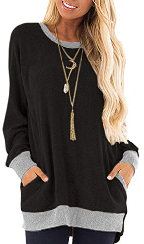 iChunhua Women Tunic Tops Cotton Winter Plain Long Sweatshirt Oversized Jumper Black-S2 L