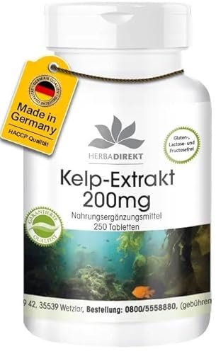 Kelp Extrakt 200mg - 250 Tabletten - hochdosiert - vegan - natürliches Jod | HERBADIREKT by Warnke Vitalstoffe - Deutsche Apothekenqualität
