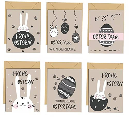 12er Osterkarten Set, Postkarten zu Ostern mit Umschlag, Schön Grußkarten Klappkarten, 6 unterschiedliche Motive je 2 Stück