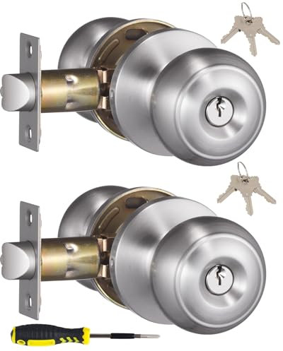 Paquete de 2 pomos de puerta de entrada con cerradura y llaves, todos por igual, manijas de puerta exterior/interior para dormitorio o baño, pomos de puerta de acero inoxidable satinado para puerta