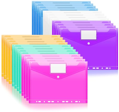 Mezzar Pochette Classeur A4-24 Pcs Chemise Plastique Transparente Avec Rabat, Fermeture à Pression et Etiquette pour Documents, Papier, Cartes (Coloré)