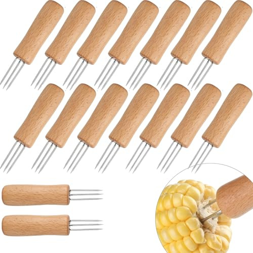 16 Pcs Corn Holders,Stainless Steel Corn Cob Holders Corn on The Cob Skewers, Anti-Scald Corn Holders Set BBQ Fork Skewers for Home Cooking Parties Camping (Wooden Handle)