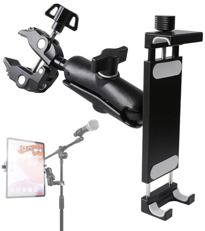 Support de tablette en aluminium pour micro, support latéral pour tous les iPad, rotatif à 360° avec super pince, compatible avec iPad Pro 12,9, Air, Mini, Galaxy Tabs, tablettes de 4,7 à 15