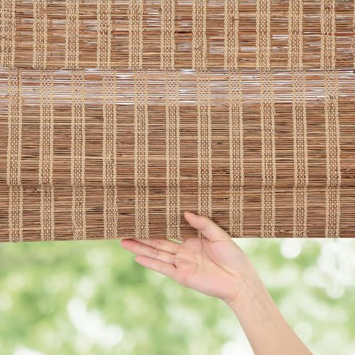 AOZORA Cordless Bamboo Roman Shades, Natural Linen Material Bamboo Blinds, Custom Roman Window Shades with 6 Inches High Valance, Room Darkening Privacy Lined Sun Shade, Strip Brown