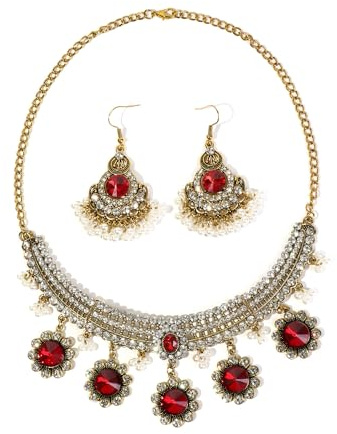 Crystal Indian Jewellery Set Boho Traditional Oxidized Ethnic Necklace Dangle Flower Daisy Earring Tassel Beaded Choker Tribal Bollywood Jhumka Jewelry Gift for Women Bride Wedding (Red)