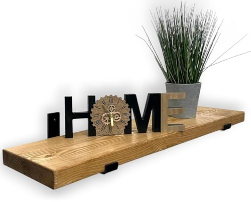 MKGT Handcrafted Rustic Wooden Floating Shelf – Wall Mounted with Black L Brackets – Made in the UK from Solid Timber – Kitchen, Bathroom & Living Room (Rustic Pine, 60cm)