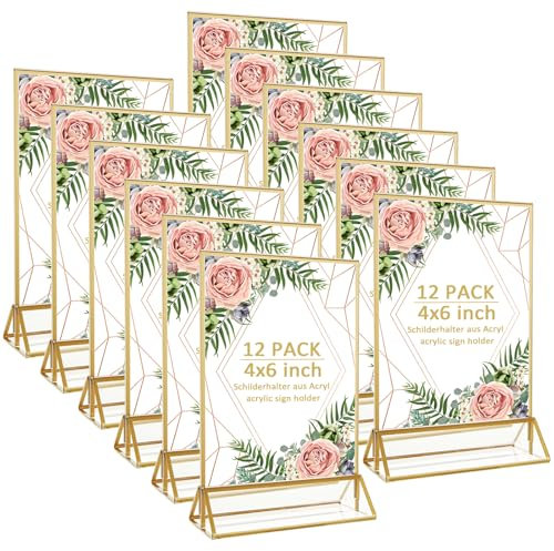 Oungy 12 Stück Klare Tischaufsteller A6, Stehend Bilderrahmen Gold A6 10x15 cm Tischnummern Acryl Hochzeit mit Goldener Rand, Doppelseitiger T-Ständer Menükartenhalter für Foto Cafe Restaurant Büros