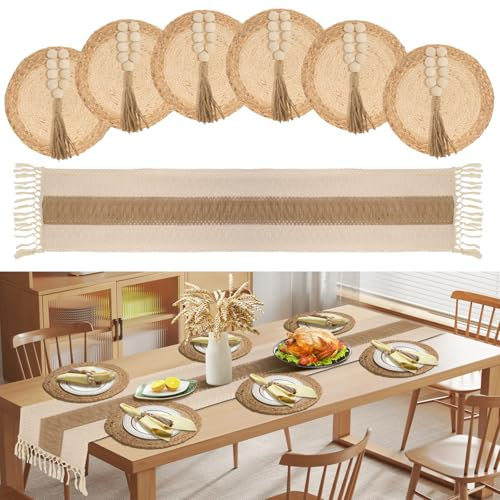 GENMOUS Boho Placemats Set of 6, 13 Round Woven Table Mats with Wooden Bead Napkin Rings, 72 Cotton Burlap Table Runner for Rustic Dining Decor, Farmhouse Chargers Plates for Party Wedding Home