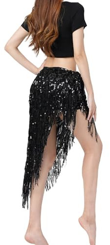 MUNAFIE Bauchtanz Hüfttuch Pailletten Fransen Glitzer Rock Festival Outfit Damen Schwarz