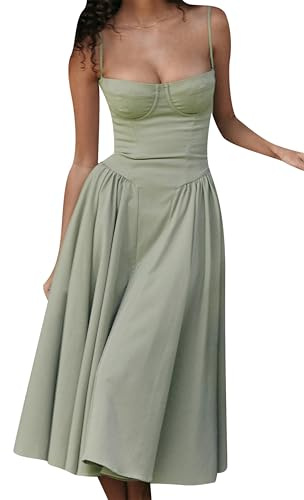 OMZIN Color Sólido Vestido Corsé para Mujer Sin Mangas A Línea Vestidos Fiesta Escote Cuadrado Vestido Verde Claro M