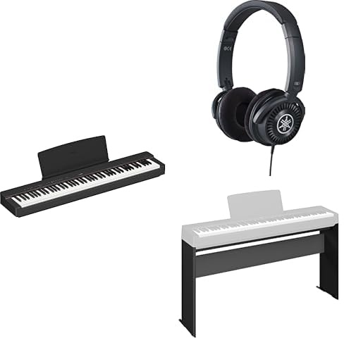 Yamaha P-145 digitalpiano med 88 graderade hammarkompakttangenter medföljer HPH-150-hörlurar och L-100 digitalt pianostativ i trä