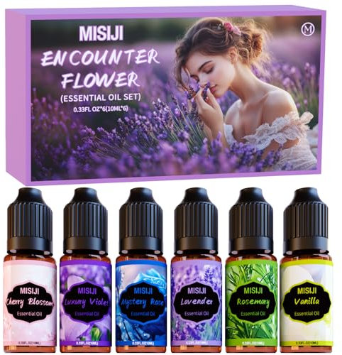 MISIJI Flower Ätherische Öle Set für Diffuser, Aromatherapie Duftöl GeschenkSet, Duftöle für Diffuser,Kerzenherstellung,Mestery Rose, Kirschblüte, Luxus Veilchen, Rosmarin, Vanille, Lavendel