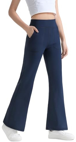 JOCMIC Girls Fleece Lined Flared High Waists Yoga Pants for Kids Athletic Leggings with Pockets Navy, 9-10 Years, Tag140