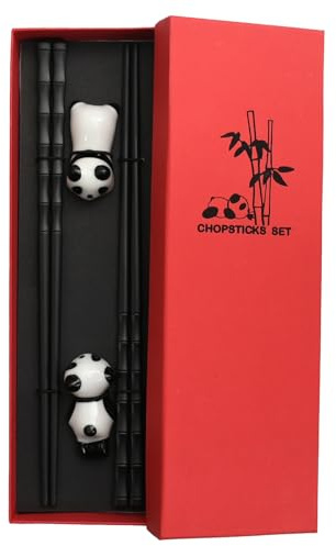 Aomhrek Bacchette Cinesi Riutilizzabili, 2 Paia di Bacchette con Porta Bacchette Panda in Ceramica, Bacchette Sushi per Bambini e Adulti, Ideale per Sushi, Noodles, Regalo Elegante (nere)