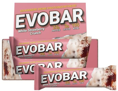 EVO SPORTS FUEL EVOBAR White Strawberry Crunch Protein Riegel | 12 x 60g | ZERO palmöl Eiweißriegel mit 23g protein pro Bar | geprüfte Qualität | Made in Germany (1er Pack)