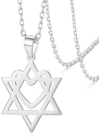 VASSAGO Star of David Pendant with Heart Necklace Stainless Steel Hexagram Necklace Jewish Star Necklace Religious Amulet Valentine's Day Mother Day Jewelry Gift (silver)
