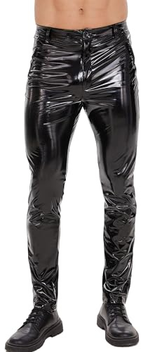 Ausing Latex byxor herr långa konstläderbyxor casual stretch slim fit byxor läder bikerbyxor med fickor wetlook kostym rave party disco kläder klubbkläder, Svart latex, XL
