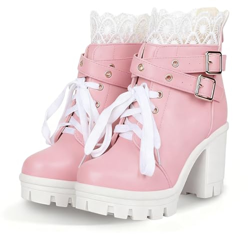 BEAUPAS Women's Chunky Platform High Heel Boots Lace Up Gothic Ankle Booties Block Heel Buckle Punk Shoes(Pink,7)
