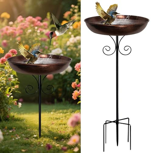 Vogeltränke Stehend Φ 23.5 x 81 cm Ultra Rostfrei Robust Langlebig Vogelbad Garten Metall Vintage Vogeltränke Groß Frostsicher Winterfest Vogeltränke Futter Metal Bird Bath für Draußen (A)