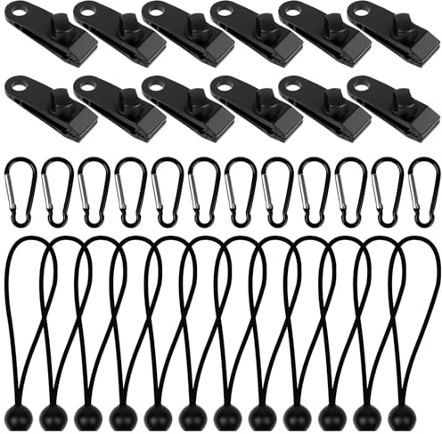 HOTUT Lot de 36 Clip pour Bâche Tente, 12pcs Pince pour Bâche Pince Verrouillage, 12pcs Tendeur Elastique avec Boule, 12pcs Mousqueton, pour Tentes, Couvertures, Auvents, Bannières, Pavillon, Camping
